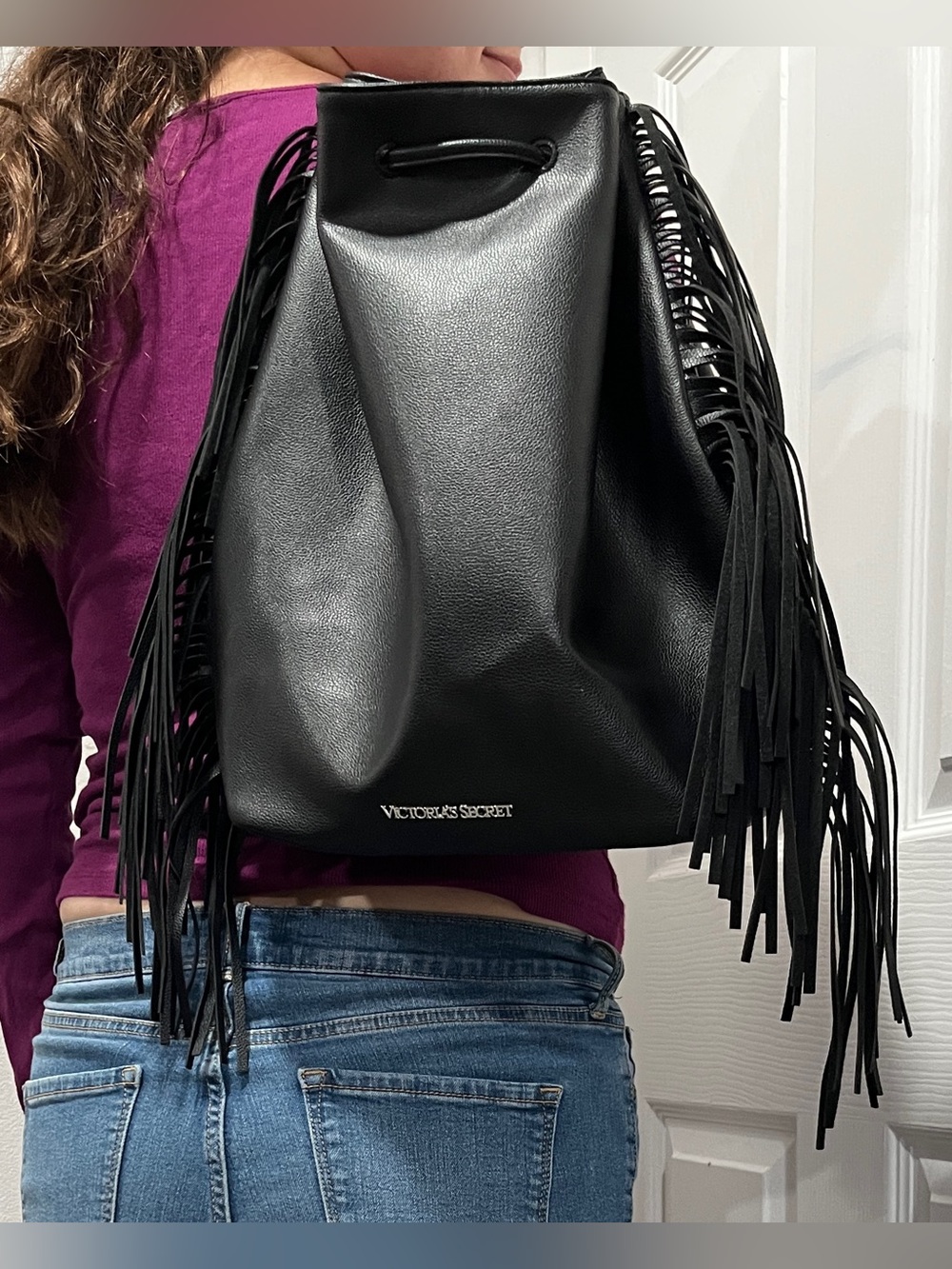 Victoria's Secret Black Fringe Backpack, Shoulder Bag